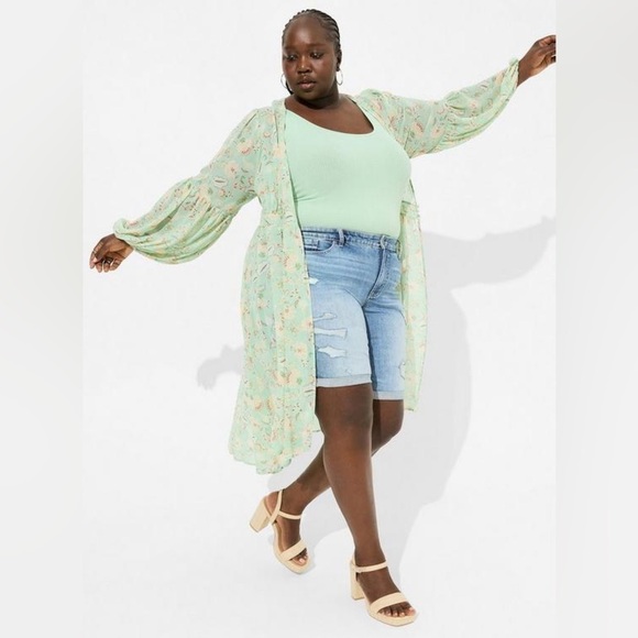 NEW Torrid Festi Chiffon Puff Sleeve Kimono Green 3X 22 24 Plus NWOT - Picture 1 of 6